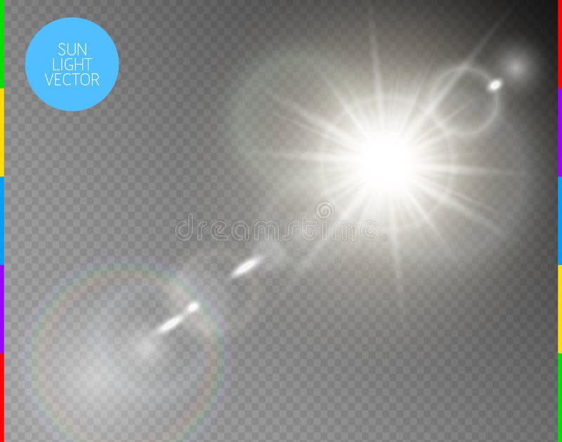 Διανυσματική διαφανής ελαφριά επίδραση φλογών φακών φωτός του ήλιου ειδική Απομονωμένα ακτίνες και επίκεντρο λάμψης ήλιων Άσπρος ελεύθερη απεικόνιση δικαιώματος